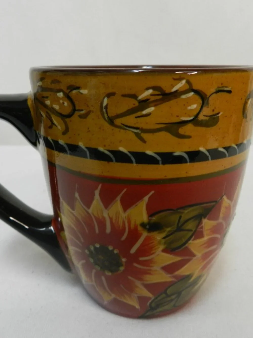 Pier 1 One Sunflower Hand painted Terracotta Mug Cup Set 3 floral Vintage